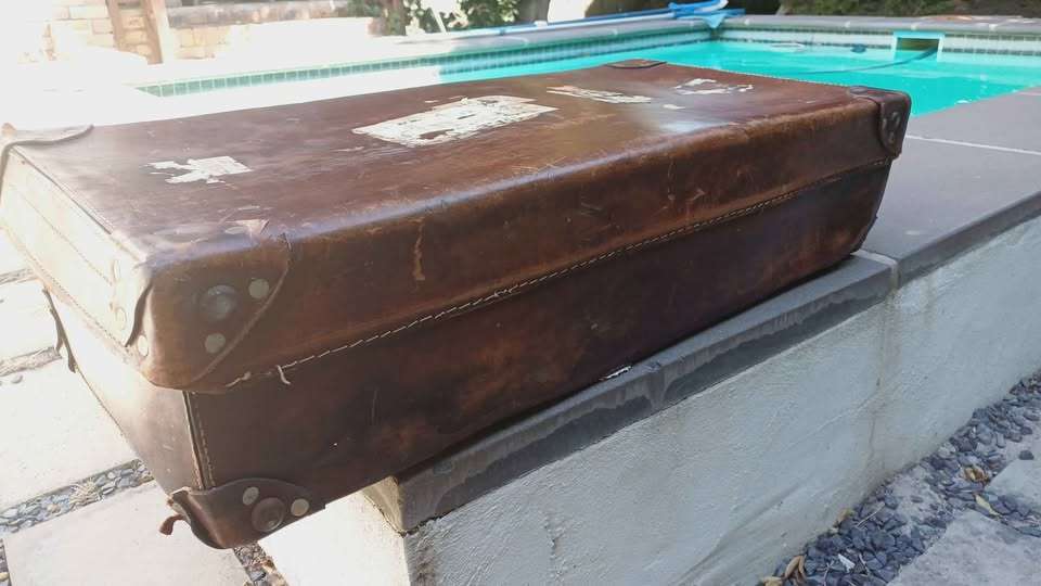 Vintage Leather Suitcase, original travel stickers and quirky provenance - Circa 1960s