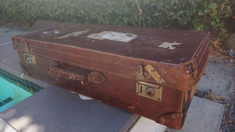 Vintage Leather Suitcase, original travel stickers and quirky provenance - Circa 1960s