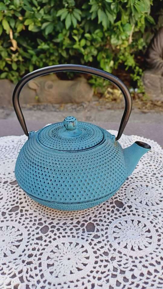 Teal Oriental cast iron teapot with stainless steel infuser