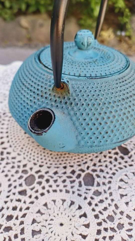 Teal Oriental cast iron teapot with stainless steel infuser