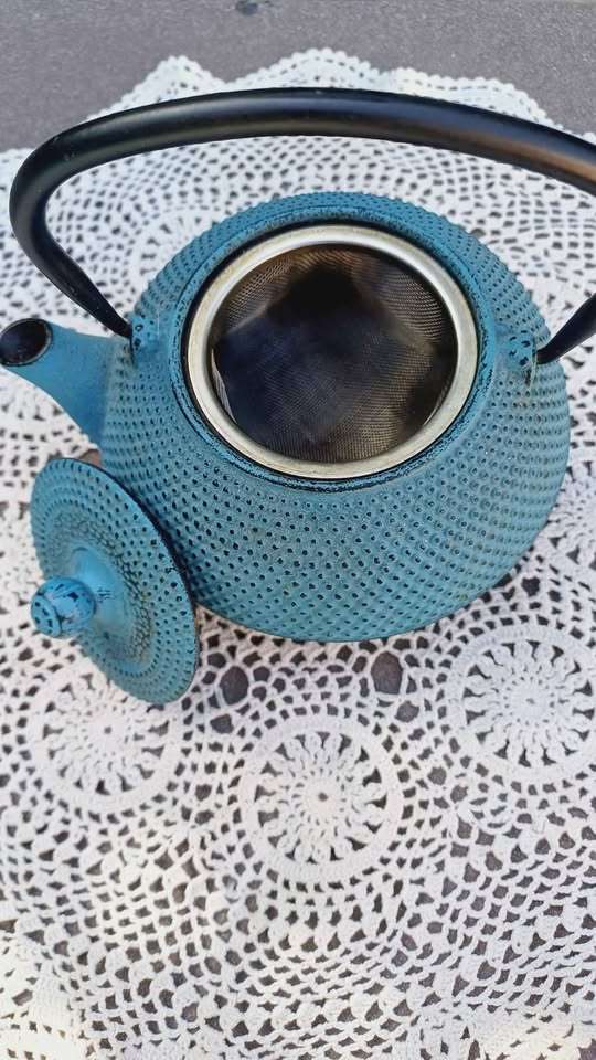 Teal Oriental cast iron teapot with stainless steel infuser