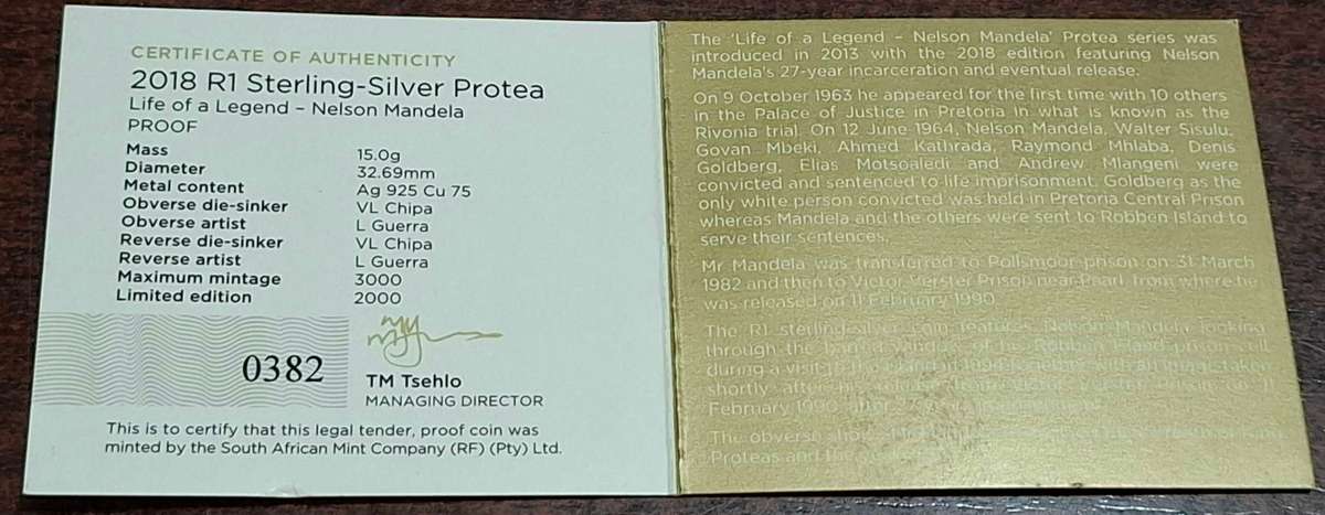 2018 Sterling Silver Proof R1 Life of a Legend Protea