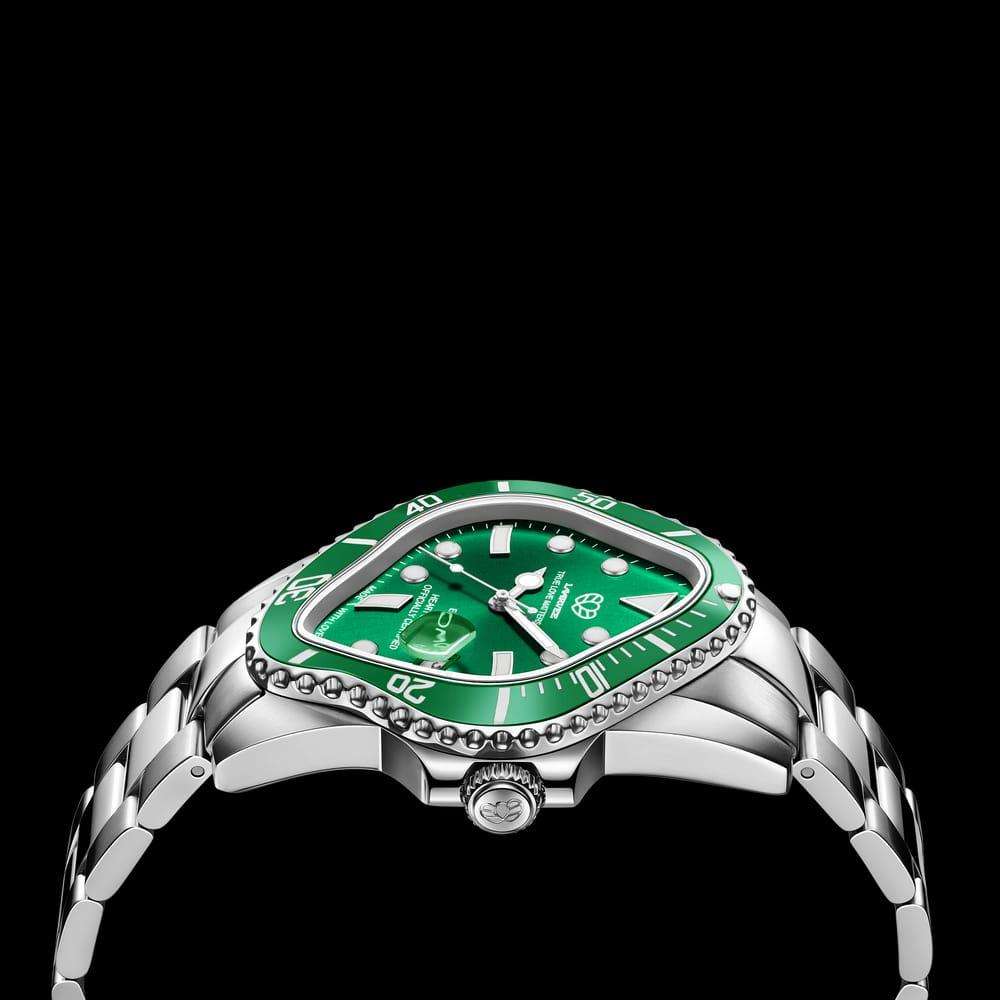 Laarvee Golden Precision Steel watch stainless steel with a green dial and bezel in original box