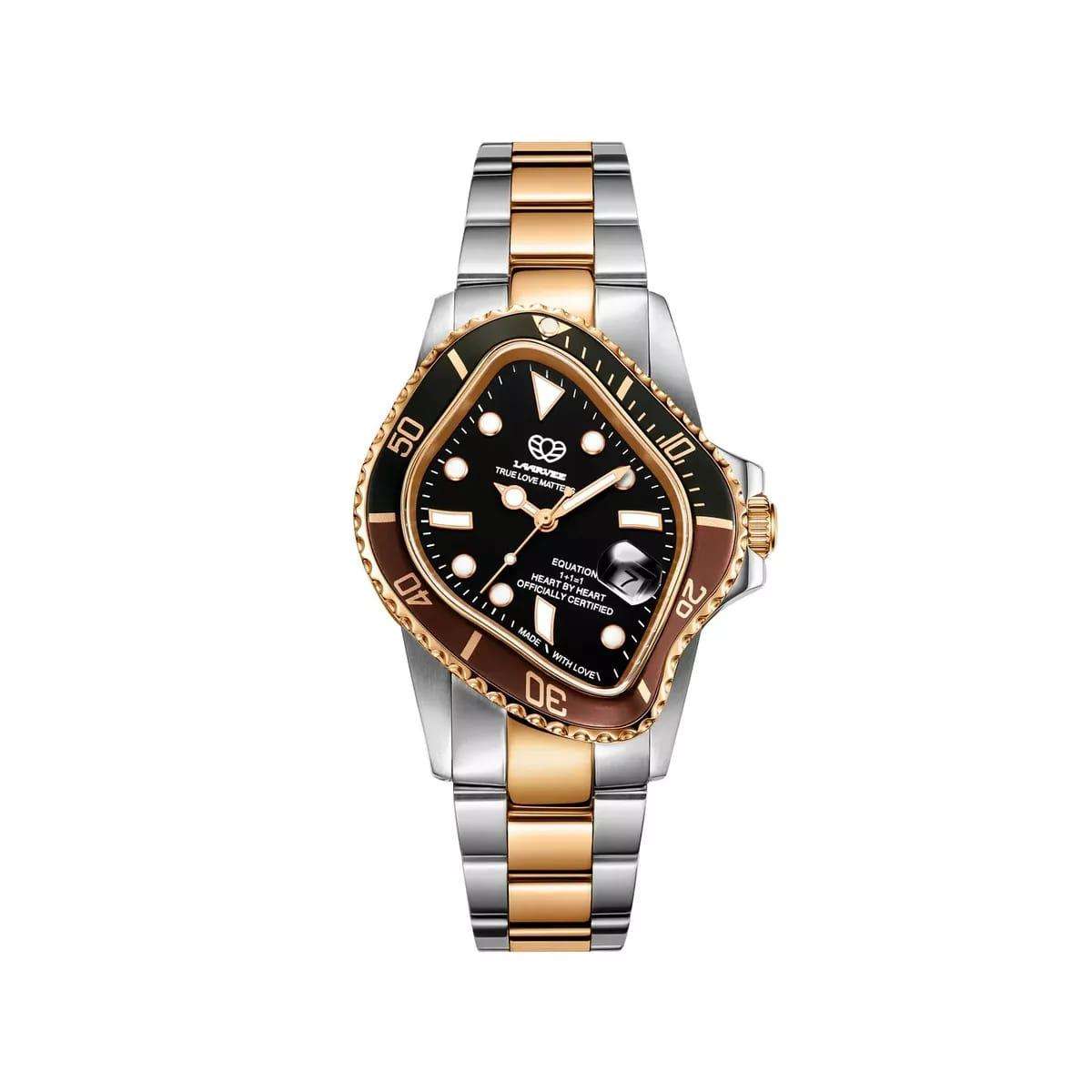 Laarvee Golden watch. It features a gold and silver band, a black dial, and bezel with brown