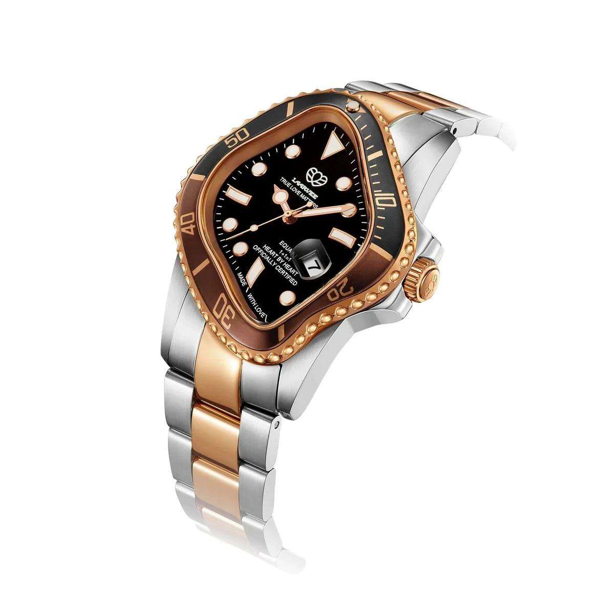 Laarvee Golden watch. It features a gold and silver band, a black dial, and bezel with brown
