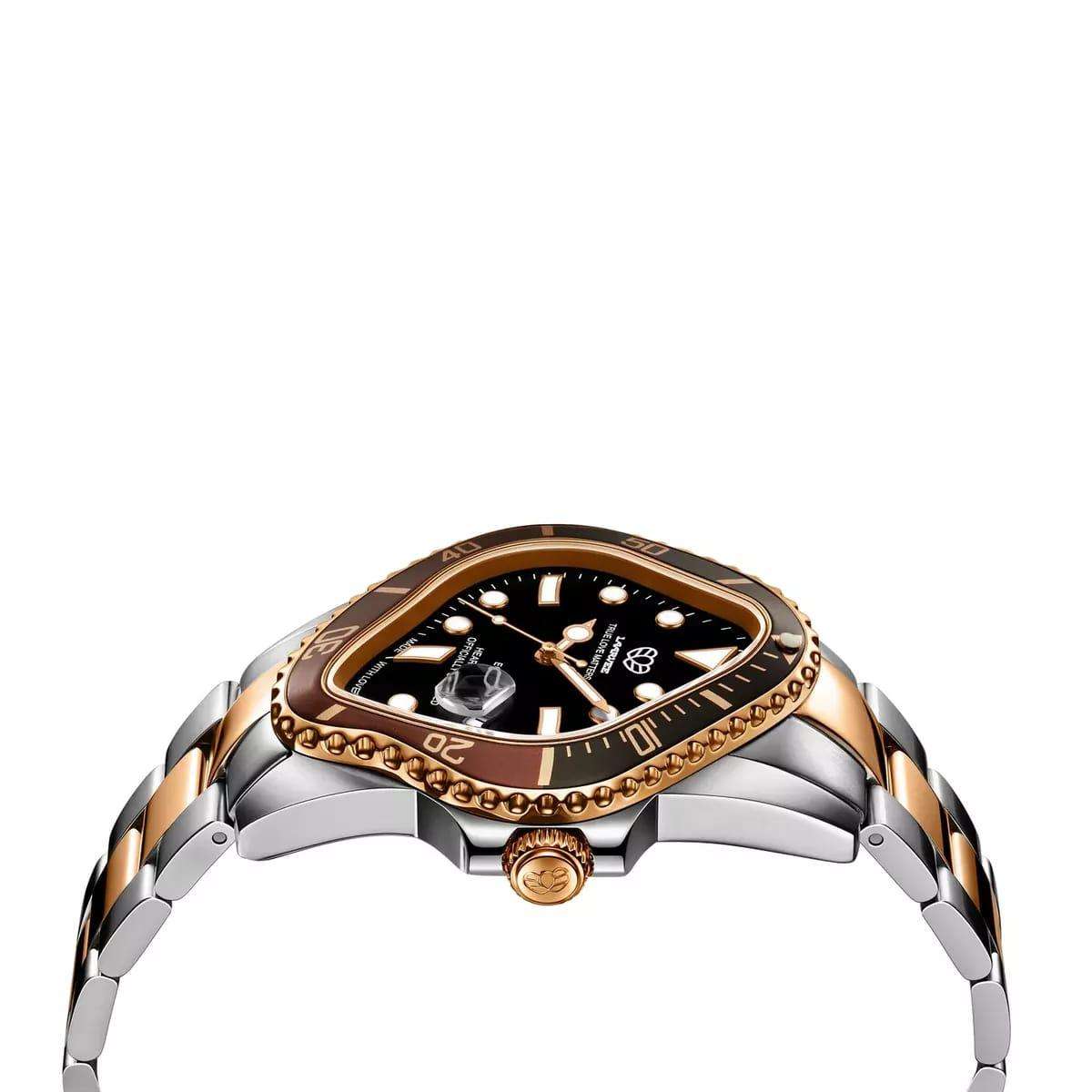 Laarvee Golden watch. It features a gold and silver band, a black dial, and bezel with brown
