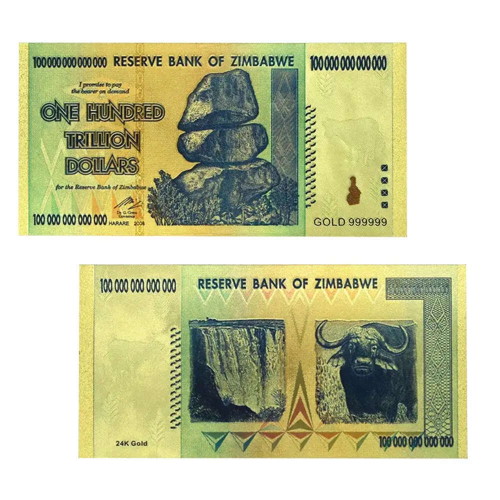 ZIMBABWE 100 TRILLION DOLLARS NOVELTY NOTE - GOLD FOIL PLASTIC PLATED - BEAUTIFUL GIFT
