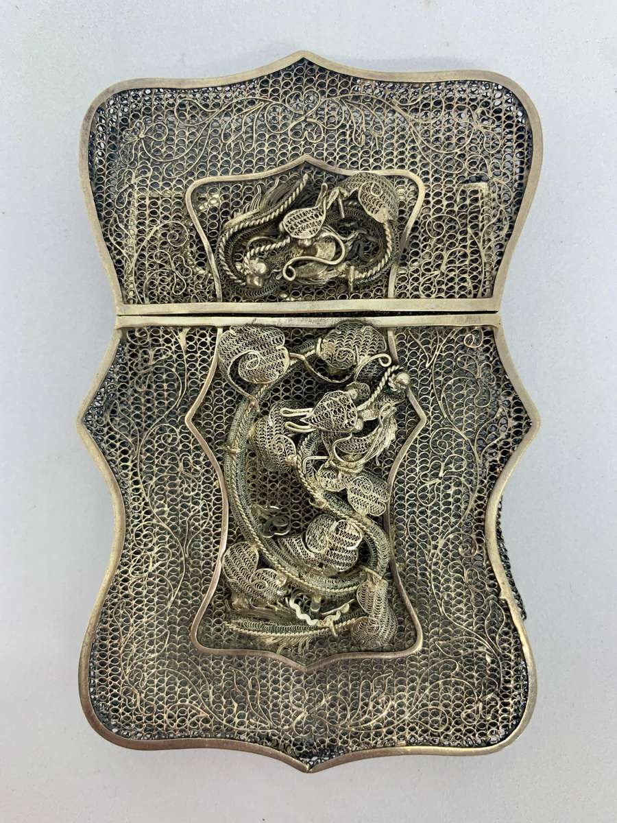Antique Chinese Sterling Silver Wire Work Card Case with Dragons