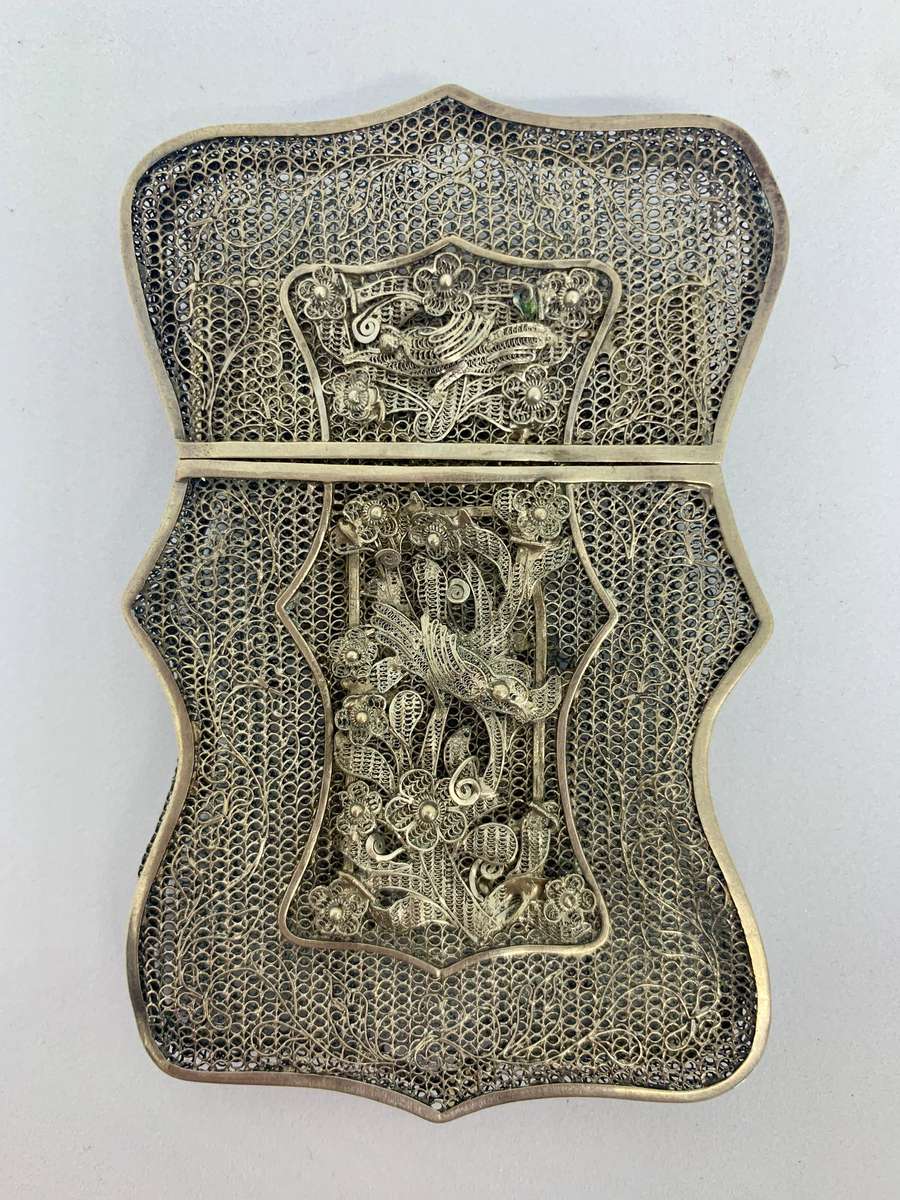 Antique Chinese Sterling Silver Wire Work Card Case with Dragons