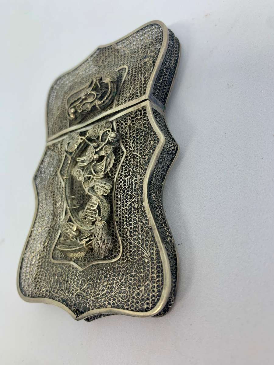 Antique Chinese Sterling Silver Wire Work Card Case with Dragons