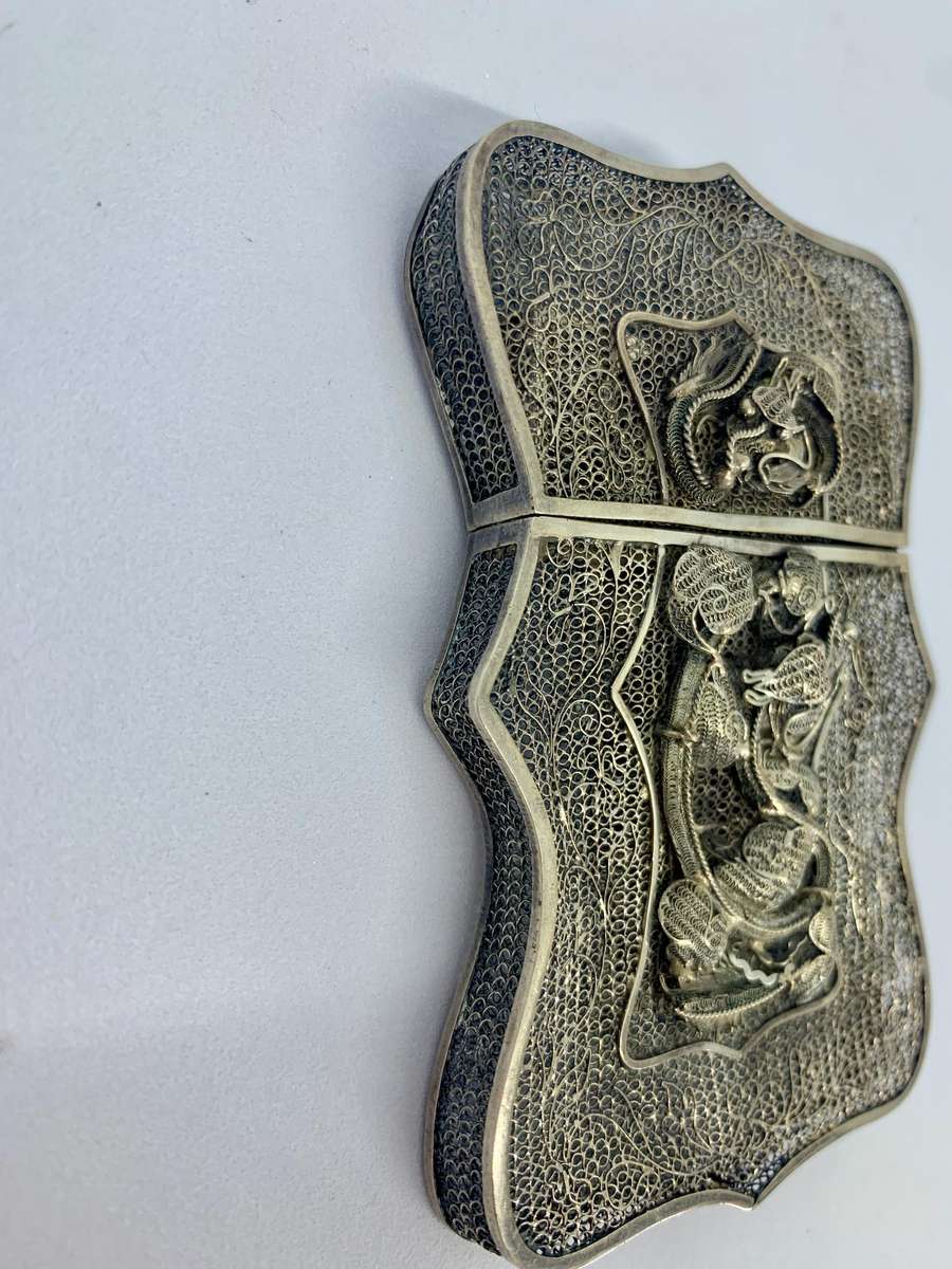 Antique Chinese Sterling Silver Wire Work Card Case with Dragons