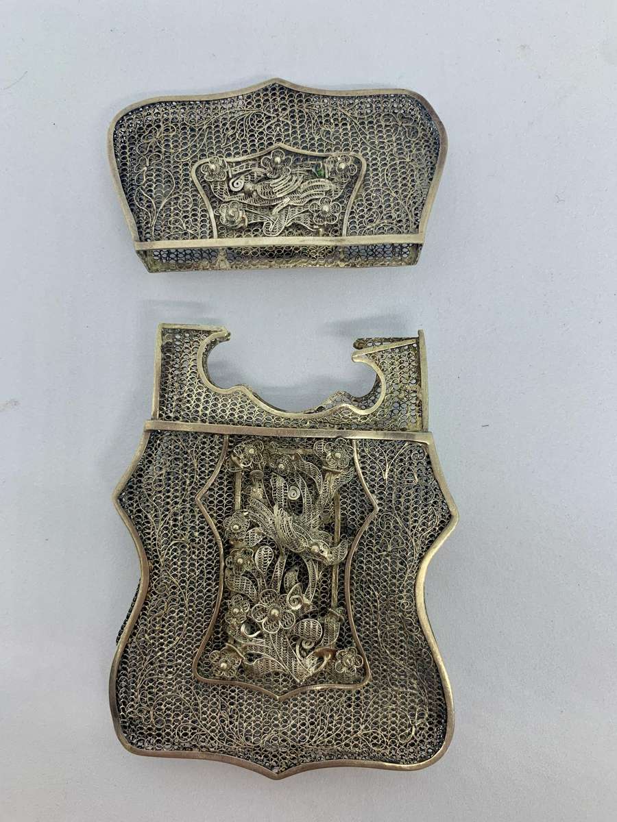 Antique Chinese Sterling Silver Wire Work Card Case with Dragons