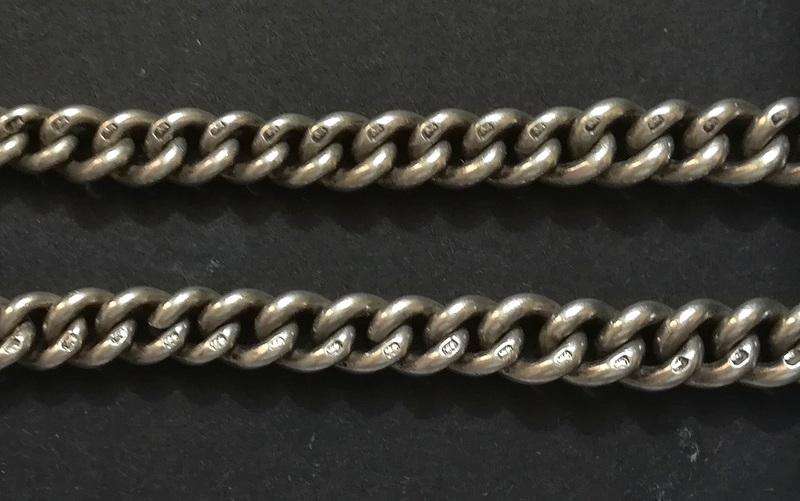 STERLING SILVER BIRMINGHAM 1884 - FOB CHAIN *ALL LINKS MARKED* 350MM 54 GRAMS