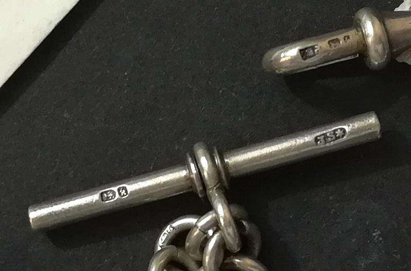 STERLING SILVER BIRMINGHAM 1884 - FOB CHAIN *ALL LINKS MARKED* 350MM 54 GRAMS