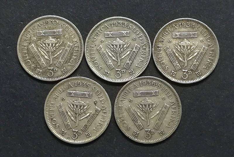 UNION 1932+1933+1934+1935+1936 3 PENCE (5 COINS)