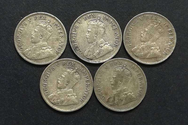 UNION 1932+1933+1934+1935+1936 3 PENCE (5 COINS)