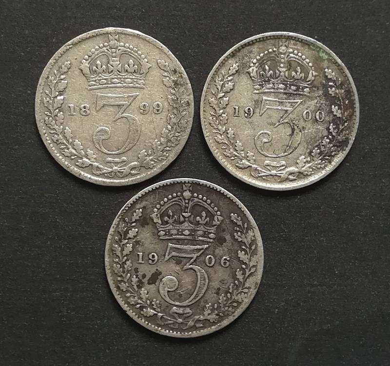 GREAT BRITAIN 1899+1900+1906 SILVER 3 PENCE (3 COINS)