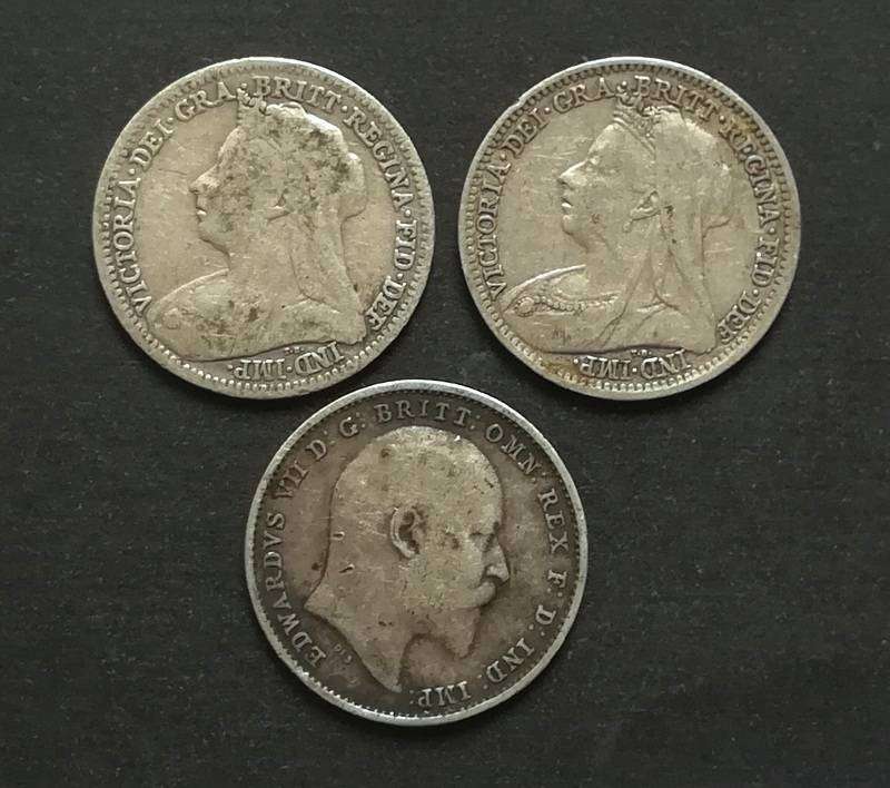 GREAT BRITAIN 1899+1900+1906 SILVER 3 PENCE (3 COINS)