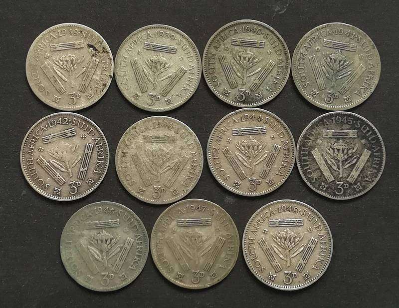 UNION 1938 TO 1948 3 PENCE (11 COINS) ALL DATES
