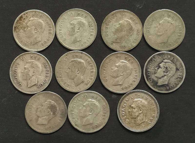 UNION 1938 TO 1948 3 PENCE (11 COINS) ALL DATES