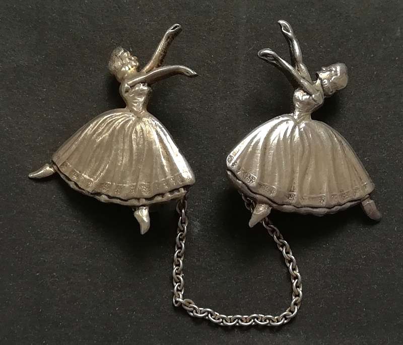 STERLING SILVER CANDIDA 2 X BALLERINAS AND CHAIN BROOCH 25X25MM EACH