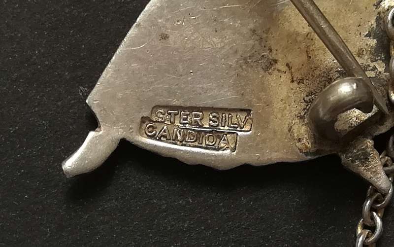 STERLING SILVER CANDIDA 2 X BALLERINAS AND CHAIN BROOCH 25X25MM EACH