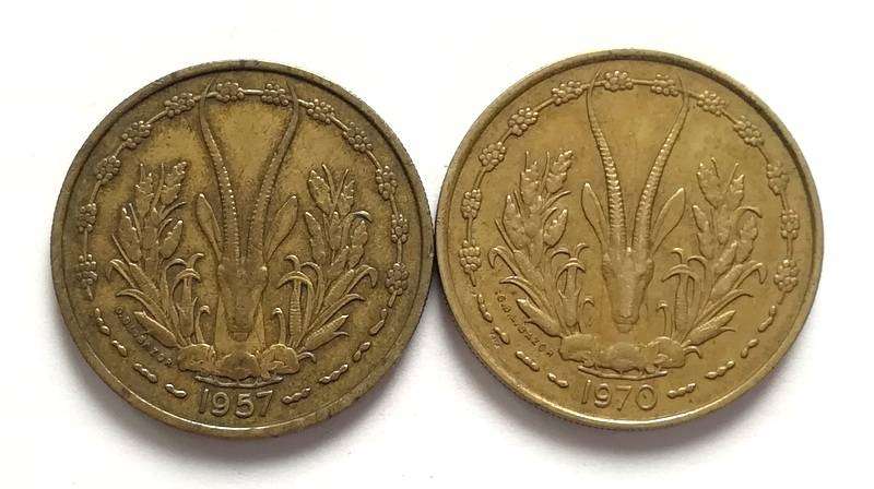 WEST AFRICAN STATES 25 FRANKS CFA COIN X 2 1957+1970