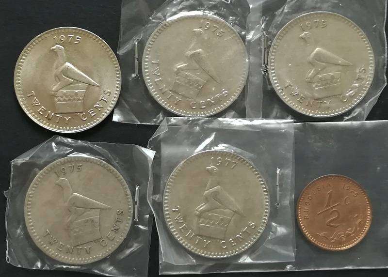 RHODESIA 1975  5 X 20 CENTS + 1 X 1/2 CENT X 6 COINS