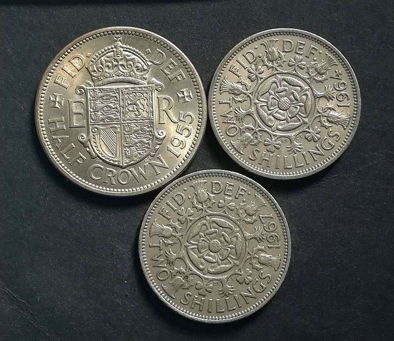 GREAT BRITAIN 2 X 2 SHILLINGS 1964+67, 1 X 1955 CROWN