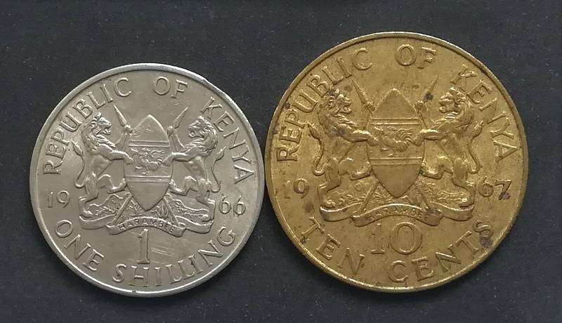 KENYA 1966 1 SHILLING + 1967 10 CENTS (2 COINS)