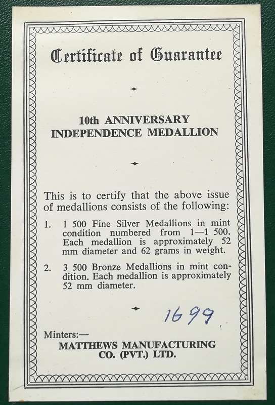 RHODESIA SOLID BRONZE 10TH ANNIVERSARY INDEPENENCE MEDALLION