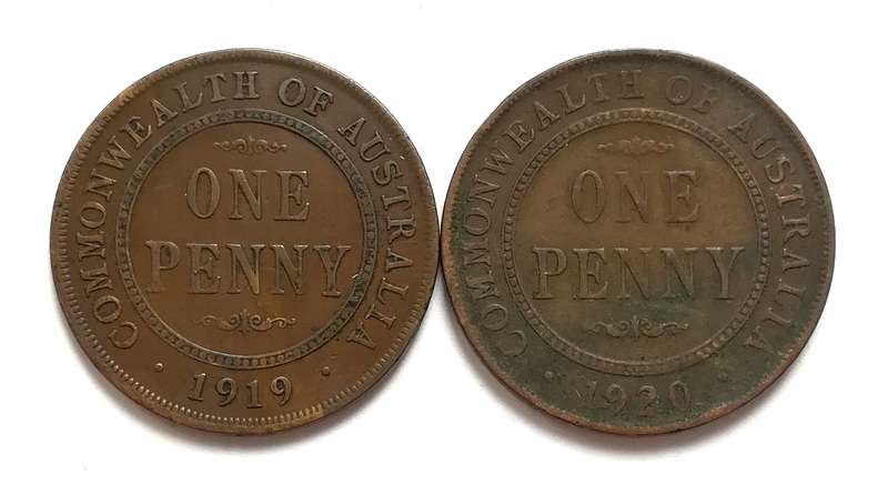 AUSTRALIA 1919+1920 PENNY (2 COINS)