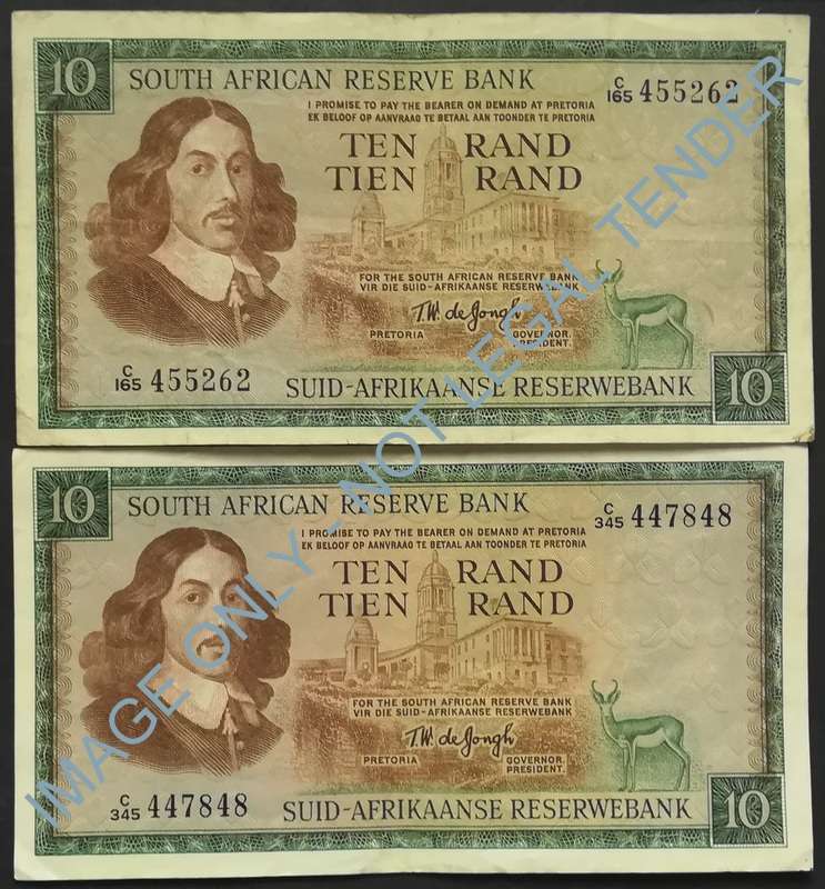 T W DE JONGH 10 RAND 1ST+3RD ISSUE (2 NOTES)