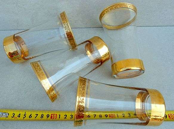 ANTIQUE/ VINTAGE::: LOVELY DECORATED GILT GLASSES. SET OF 4 DRINKING GLASSES.SEE IMAGES.