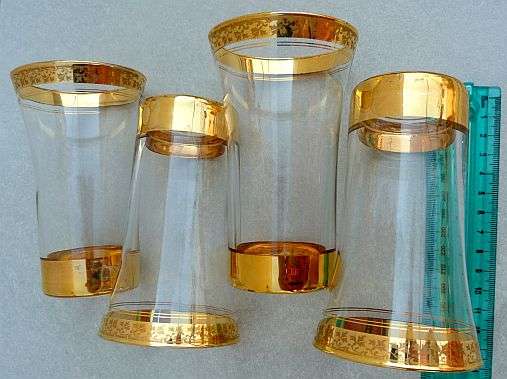 ANTIQUE/ VINTAGE::: LOVELY DECORATED GILT GLASSES. SET OF 4 DRINKING GLASSES.SEE IMAGES.