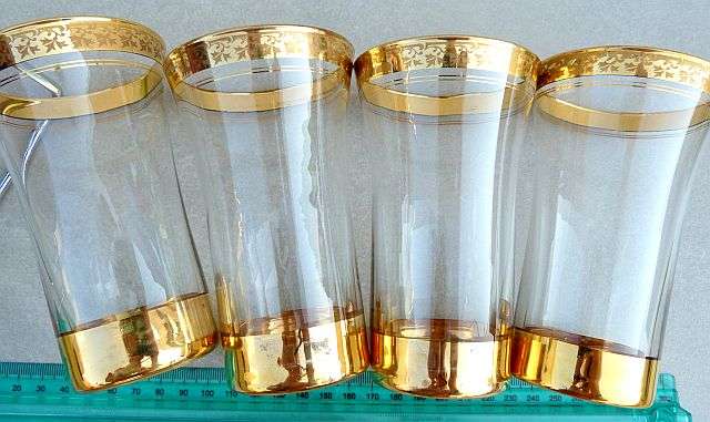 ANTIQUE/ VINTAGE::: LOVELY DECORATED GILT GLASSES. SET OF 4 DRINKING GLASSES.SEE IMAGES.