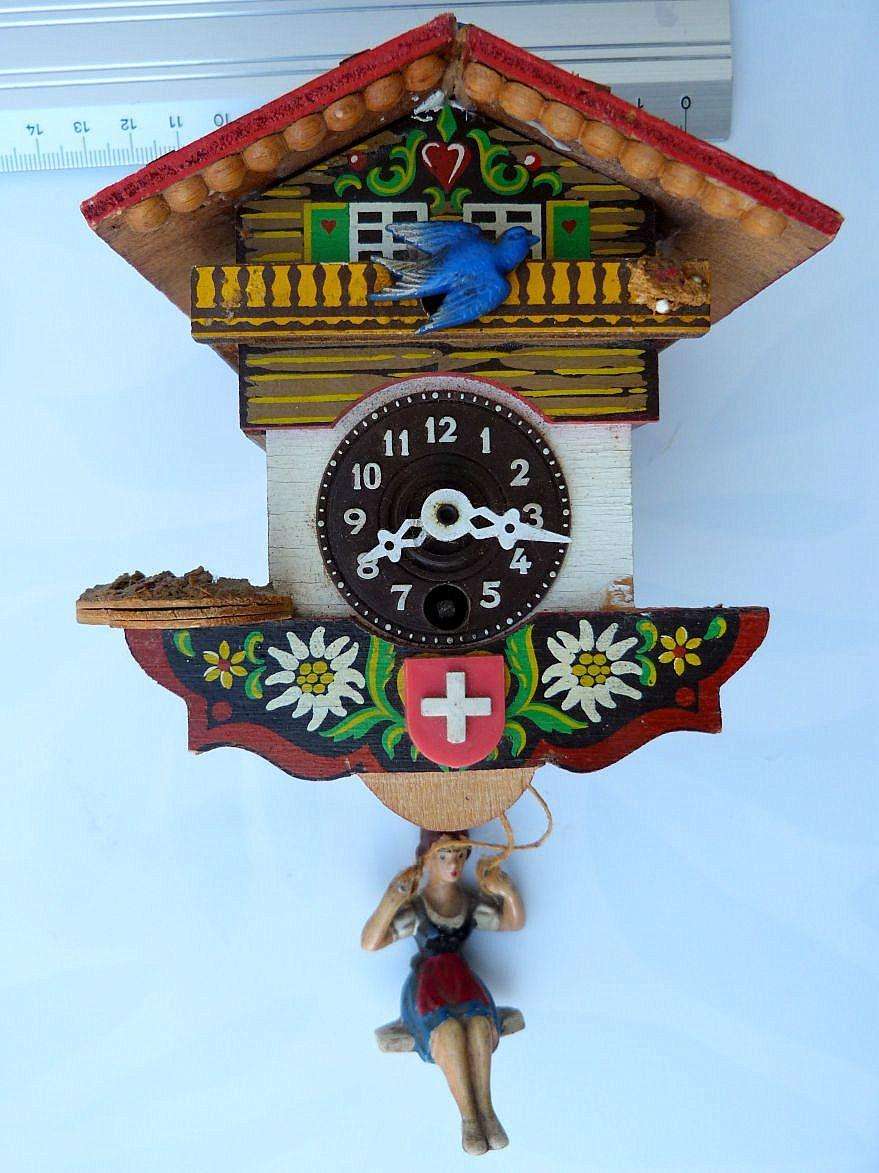 SWISS WALL CLOCK, SWINCING GIRL, MOVING BIRD. PLS SEE DESCRIPTION