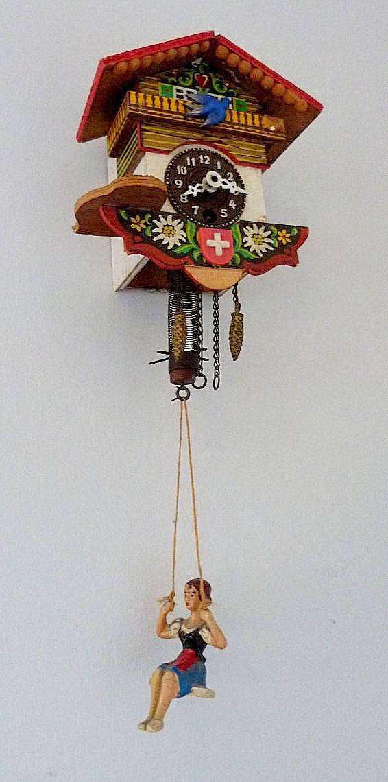 SWISS WALL CLOCK, SWINCING GIRL, MOVING BIRD. PLS SEE DESCRIPTION