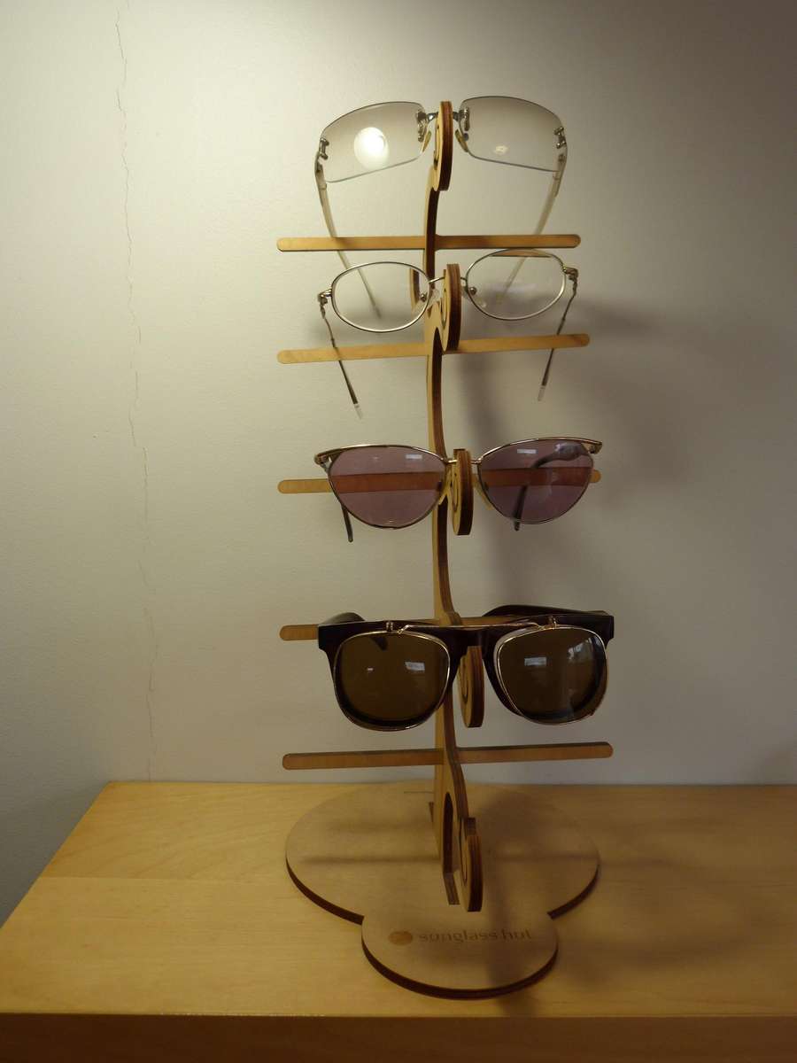 DISPLAY STAND FOR 5 PAIR OF GLASSES. PLY WOOD