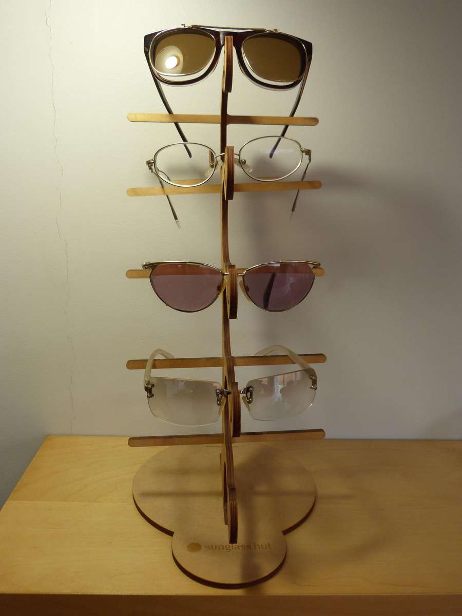 DISPLAY STAND FOR 5 PAIR OF GLASSES. PLY WOOD