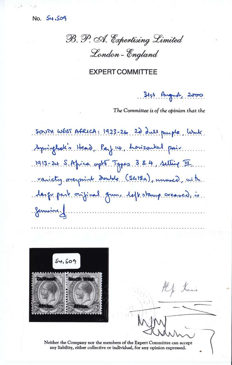 SWA KG V TYPE 111 DEFINITIVE SACC 17b MM RARE OVERPRINT DOUBLE, WITH CERTIFICATE   CV R20000