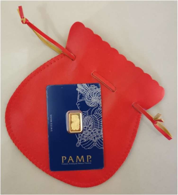 2.5 gram 24kt .999 Suisse Fine Solid Gold Bullion Bar - Pamp - Country of Origin UAE (Assay)