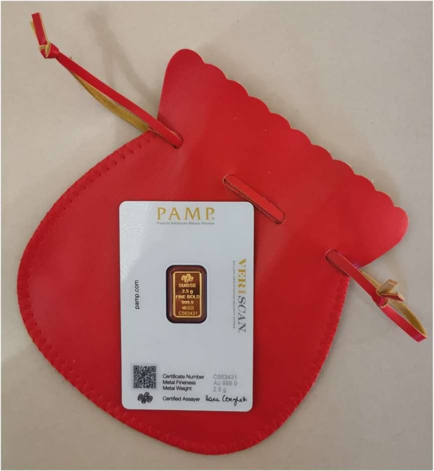 2.5 gram 24kt .999 Suisse Fine Solid Gold Bullion Bar - Pamp - Country of Origin UAE (Assay)