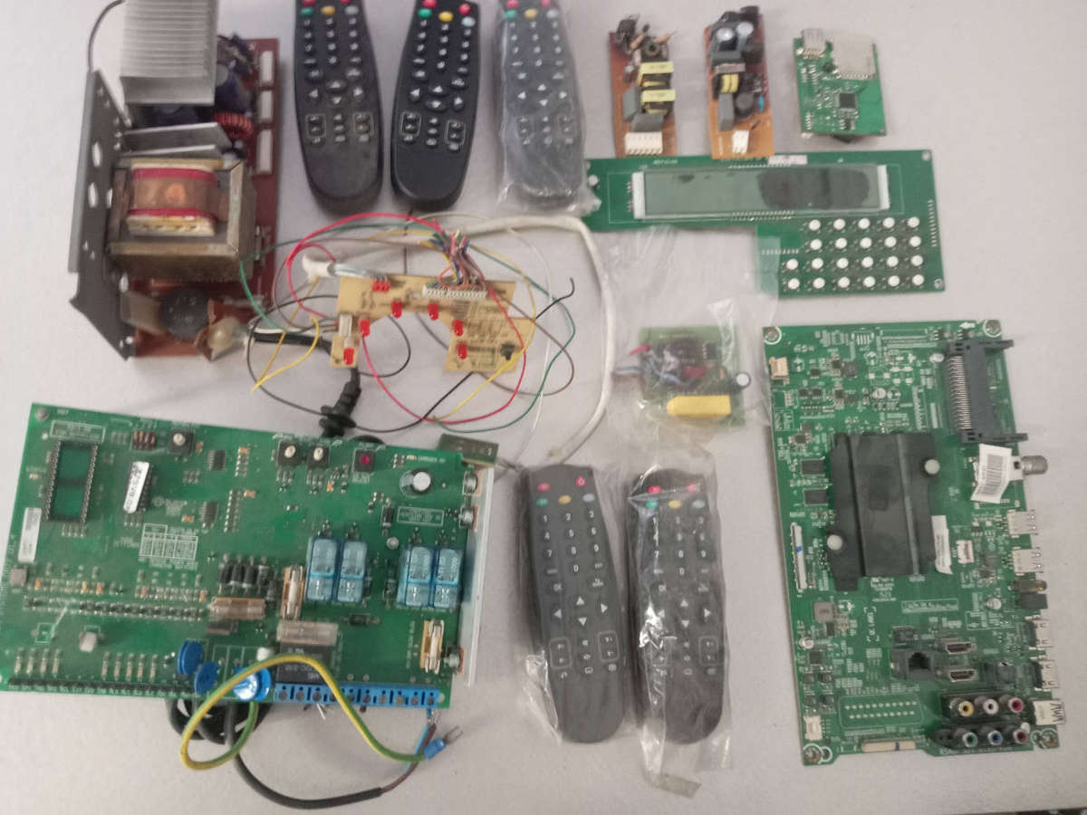 Electronic Components. PC Boards with various relays, capacitors etc. / Remote Controls