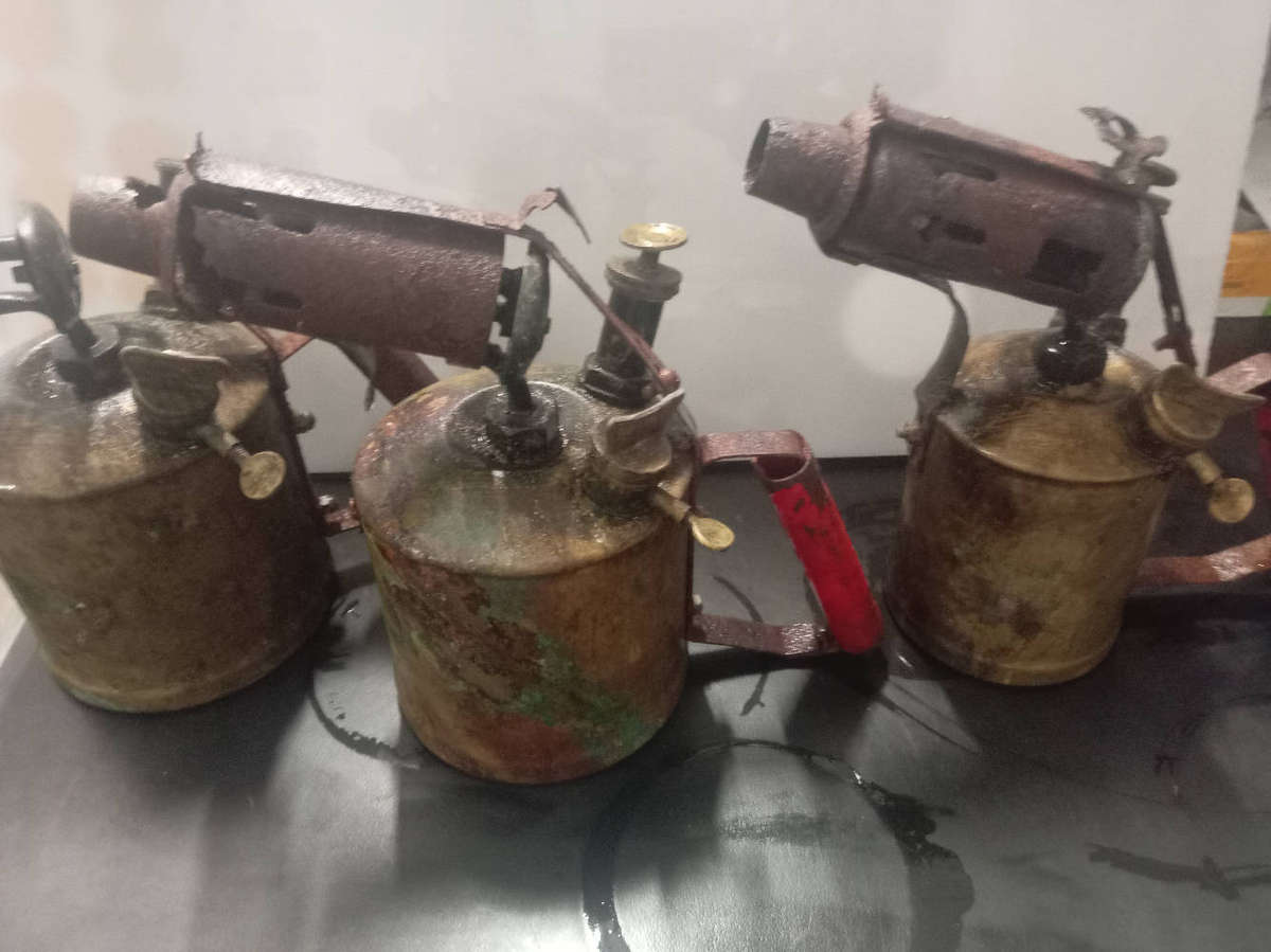 Set of 3 brass paraffin blow lamps for restoration