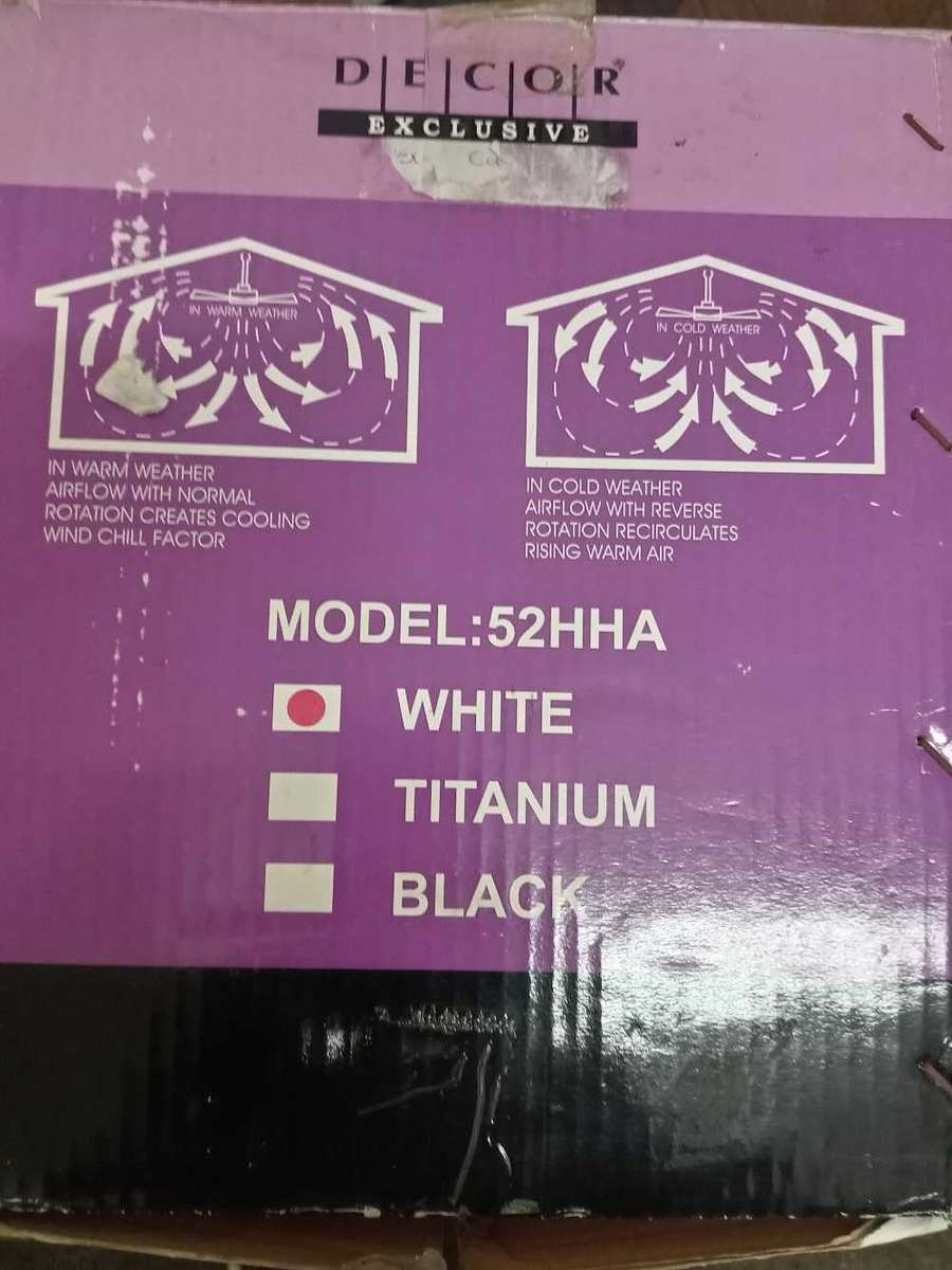 DECOR EXCLUSIVE CEILING FAN. NEW BUT NO REMOTE.