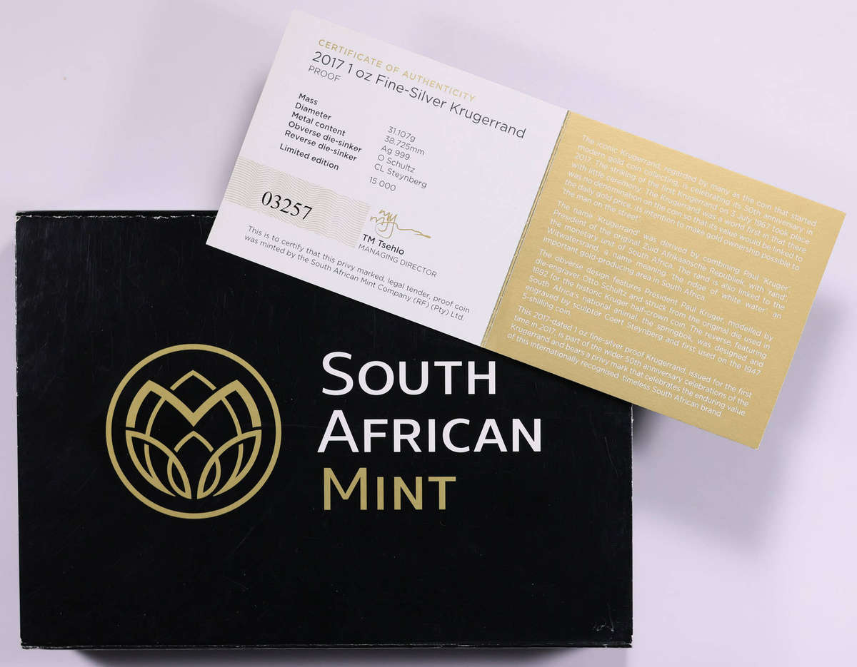 PROOF 2017 UC Silver Krugerrand 50th Anniversary, with original CASE & CERTIFICATE-Intro Series