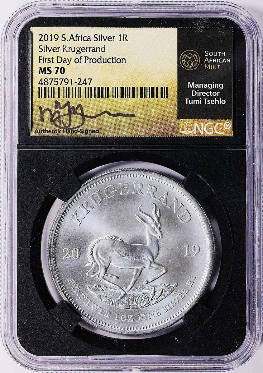 2019 MS-70 1oz Silver Krugerrand-(Handful TUMI TSEHLO signed) - 1st Day of Production
