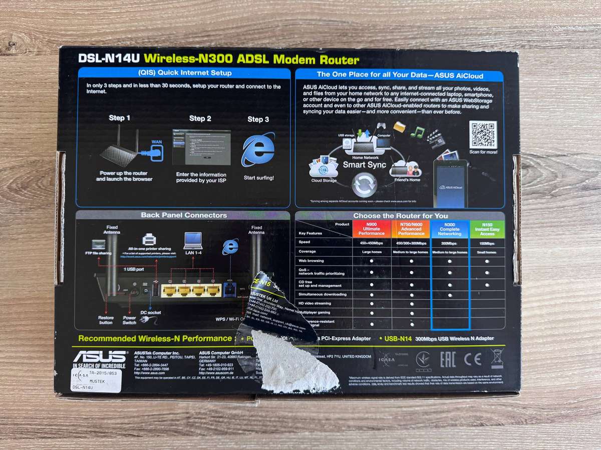 ASUS DSL-N14U Wireless-N300 ADSL Modem Router  Brand New Open Box