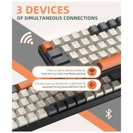 Bluetooth 5.0/2.4Ghz Wireless Hot-Swappable Mechanical Keyboard Grey Orange